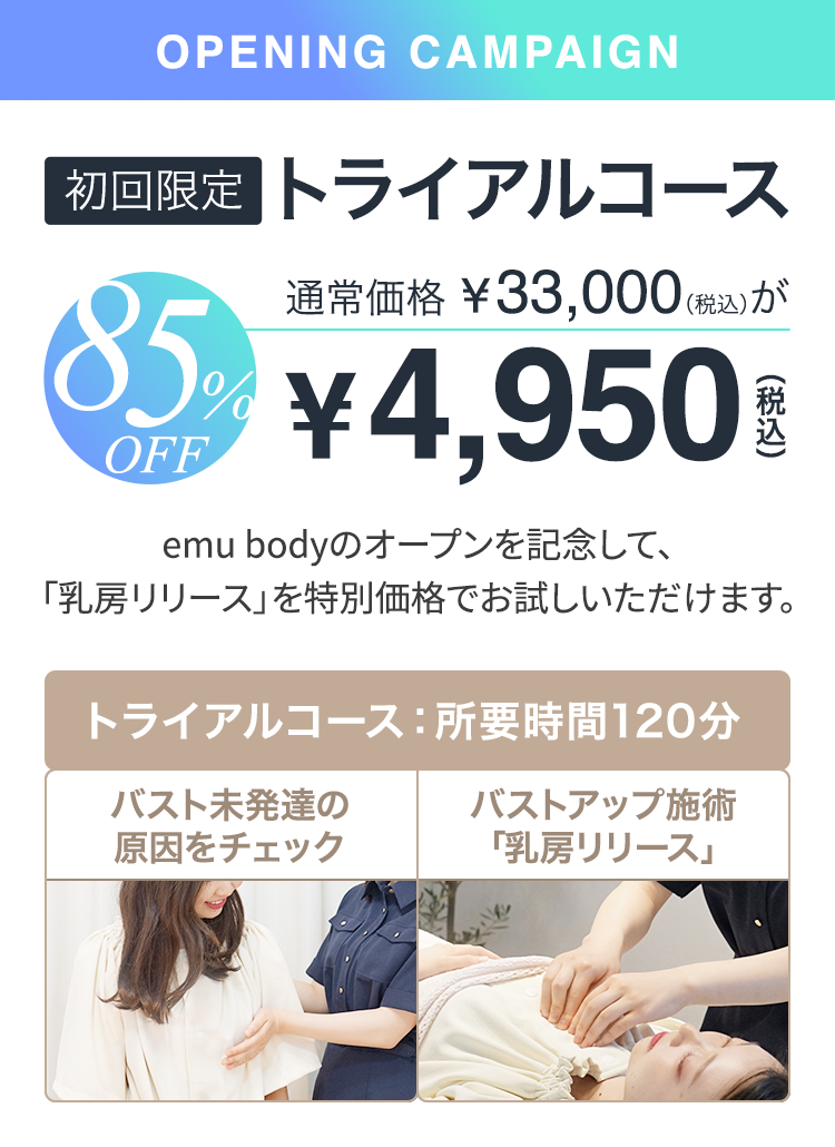 初回限定トライアルコース（120分） 通常¥33,000税込が85%OFFで¥4,950税込 emu bodyのオープンを記念して、「乳房リリース」を特別価格でお試しいただけます。